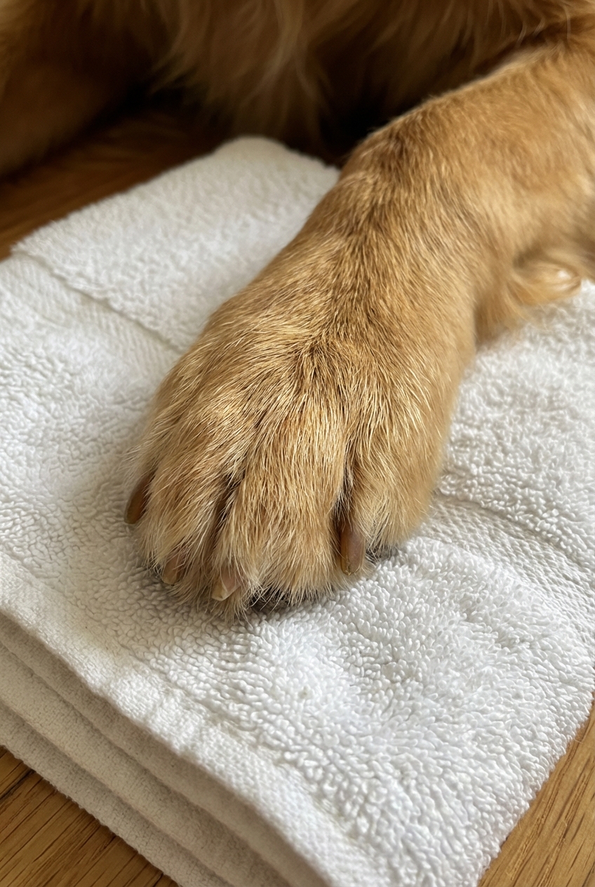 A close-up photograph of a dog’s paw resting on a towel
