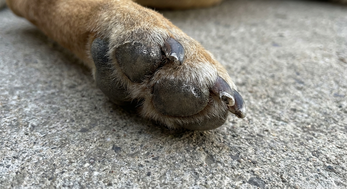 A close-up photograph of a dog's rear paw on concrete with visibly scuffed nails from dragging