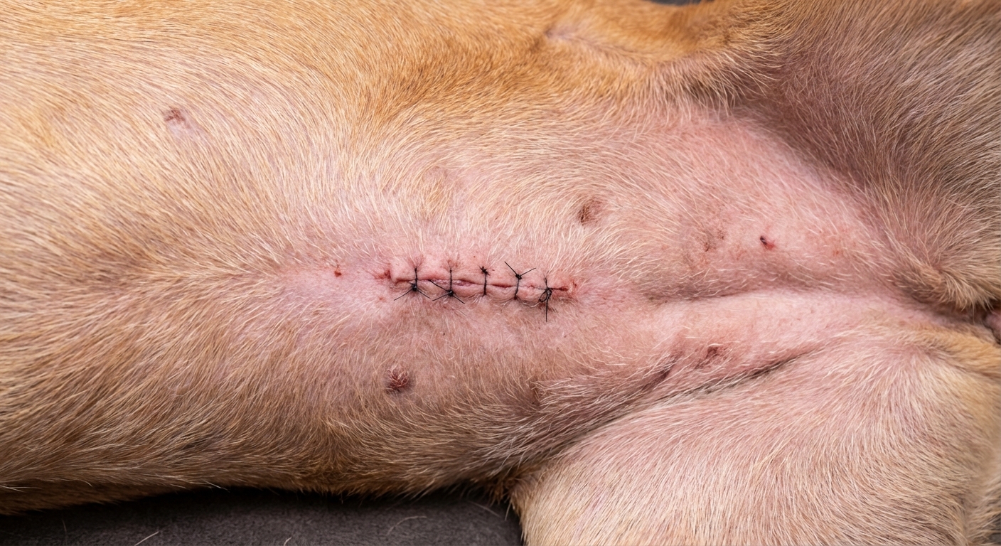 A close-up photograph of a dog’s shaved belly area with a healing surgical incision