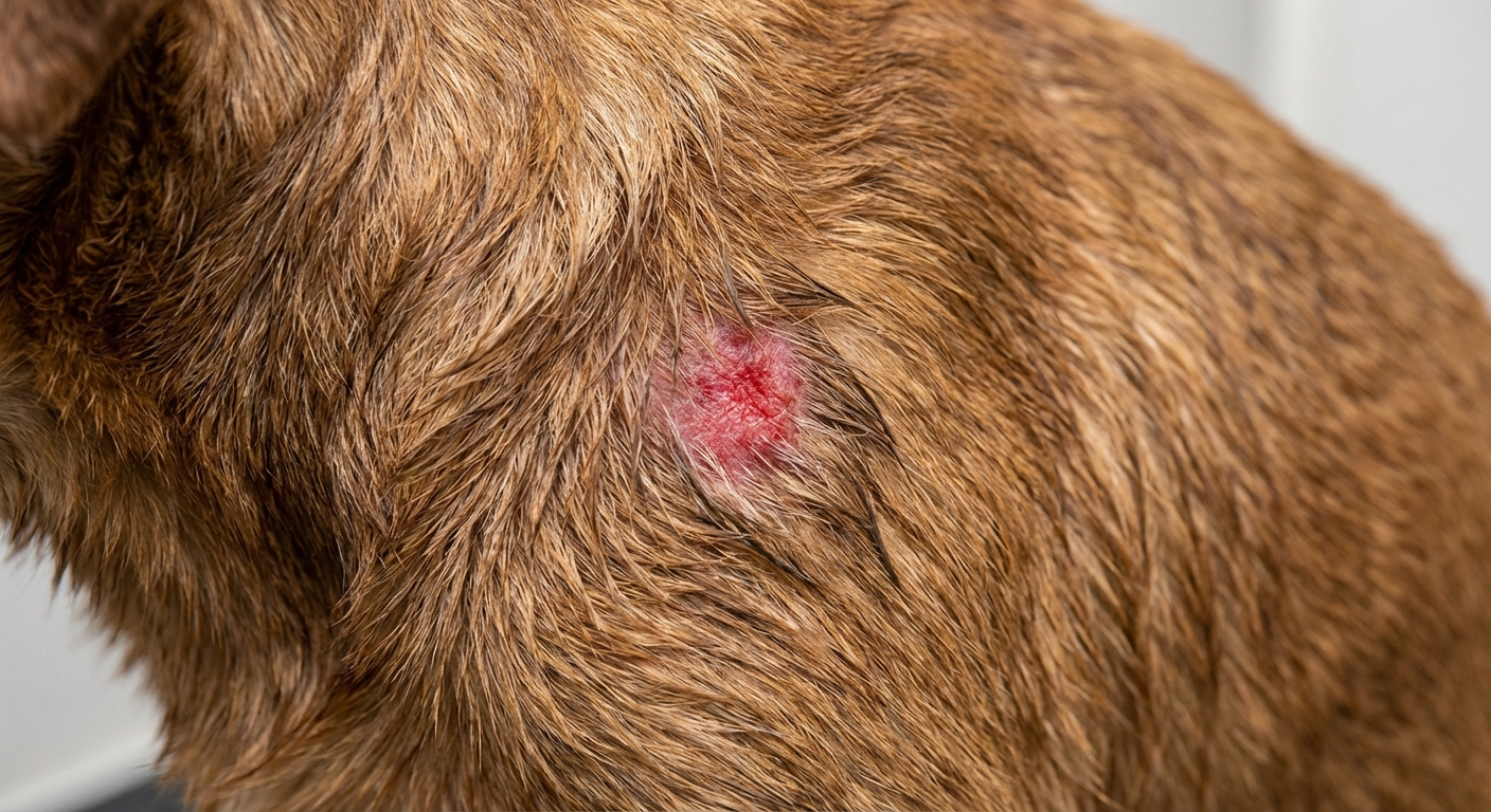 A close-up photograph of a dog’s shoulder area showing a small circular patch of red irritated skin with surrounding damp fur