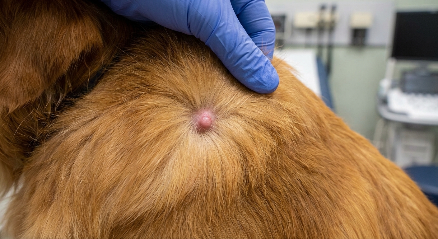 A close-up photograph of a dog’s shoulder area with fur parted to show a small, raised skin bump