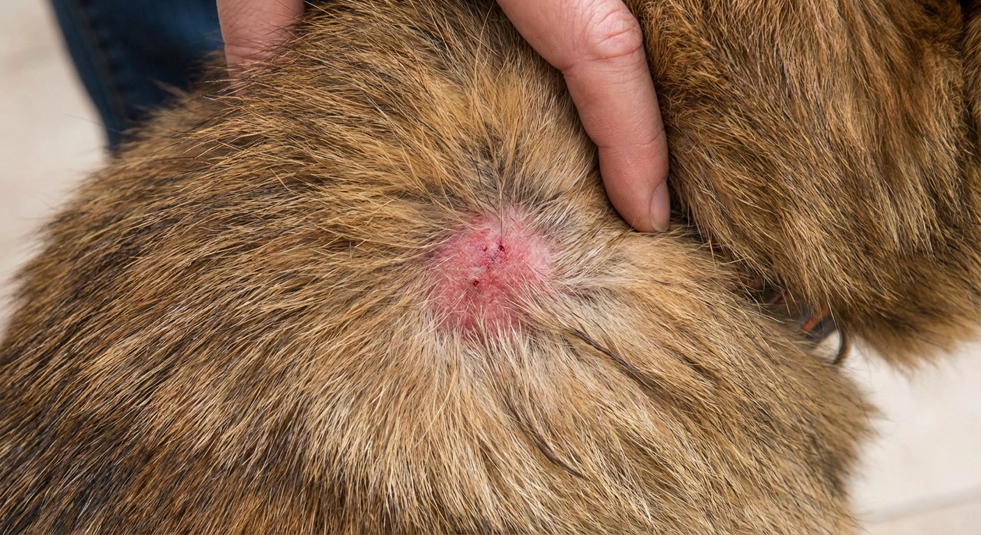 A close-up photograph of a dog’s shoulder showing a small red irritated patch with surrounding fur parted