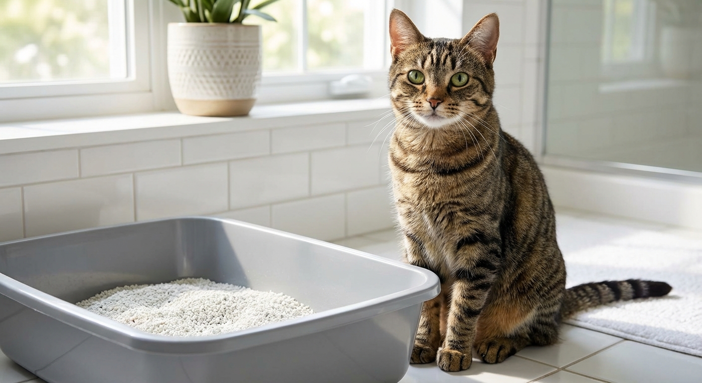 A close-up photograph of a domestic shorthaired cat sitting beside a clean litter box in a bright bathroom
