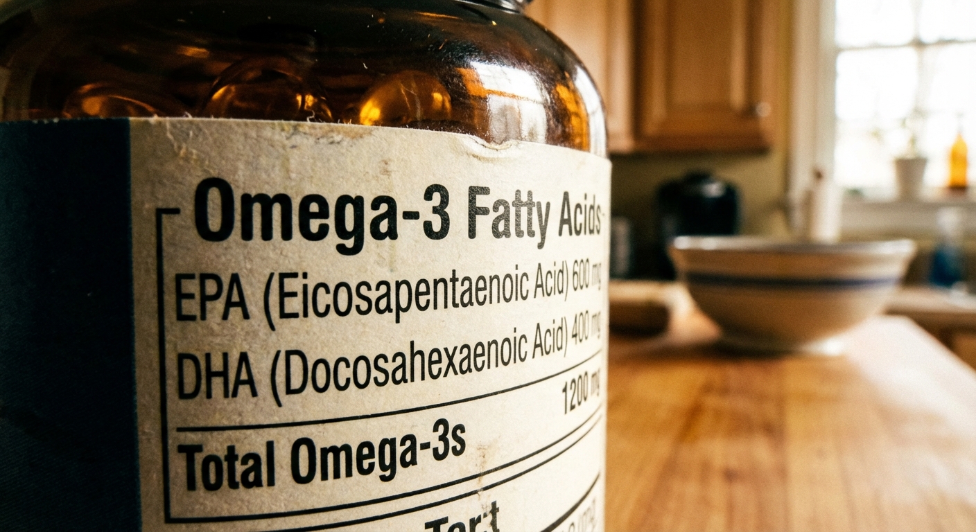 A close-up photograph of a fish oil supplement bottle label showing the omega-3 section with EPA and DHA amounts visible, indoor kitchen lighting, photorealistic