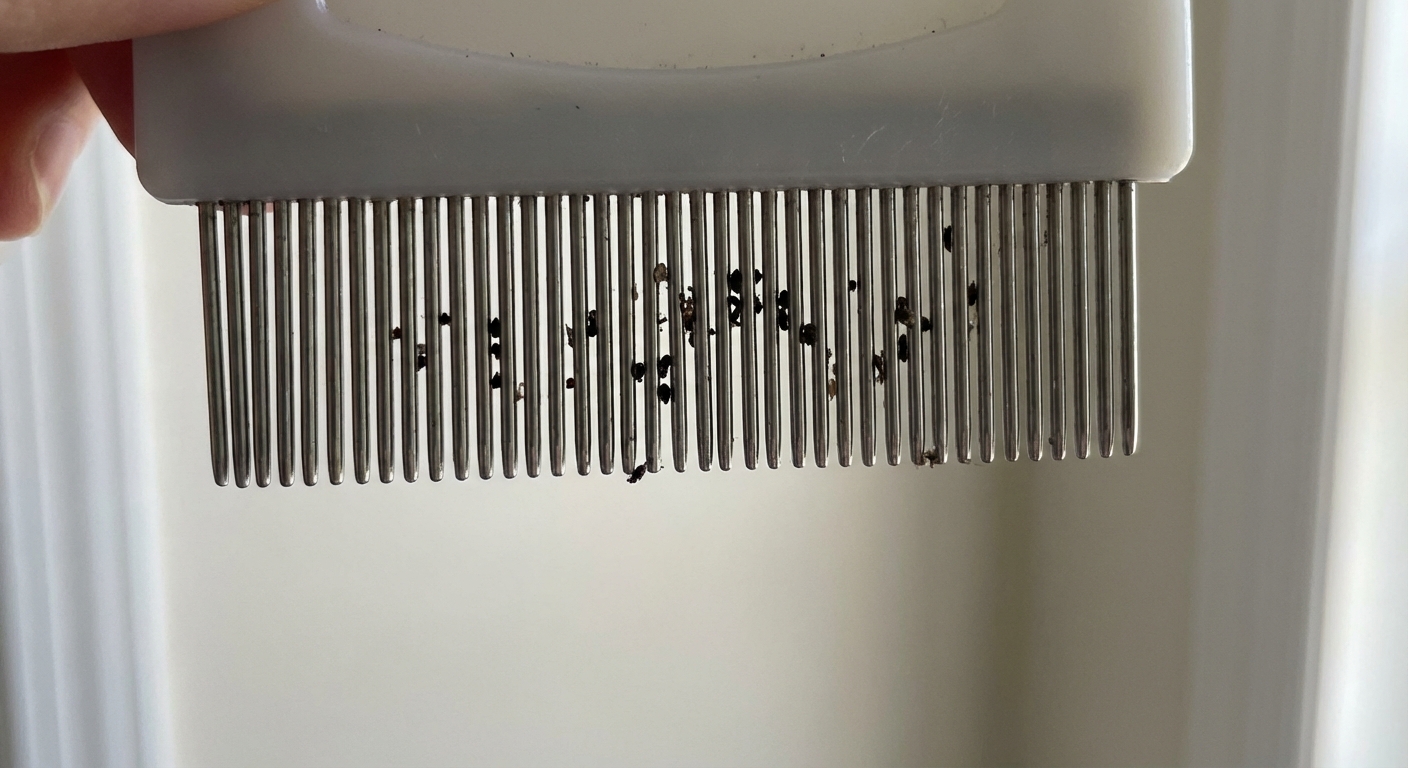 A close-up photograph of a flea comb with tiny dark flea dirt caught between the teeth
