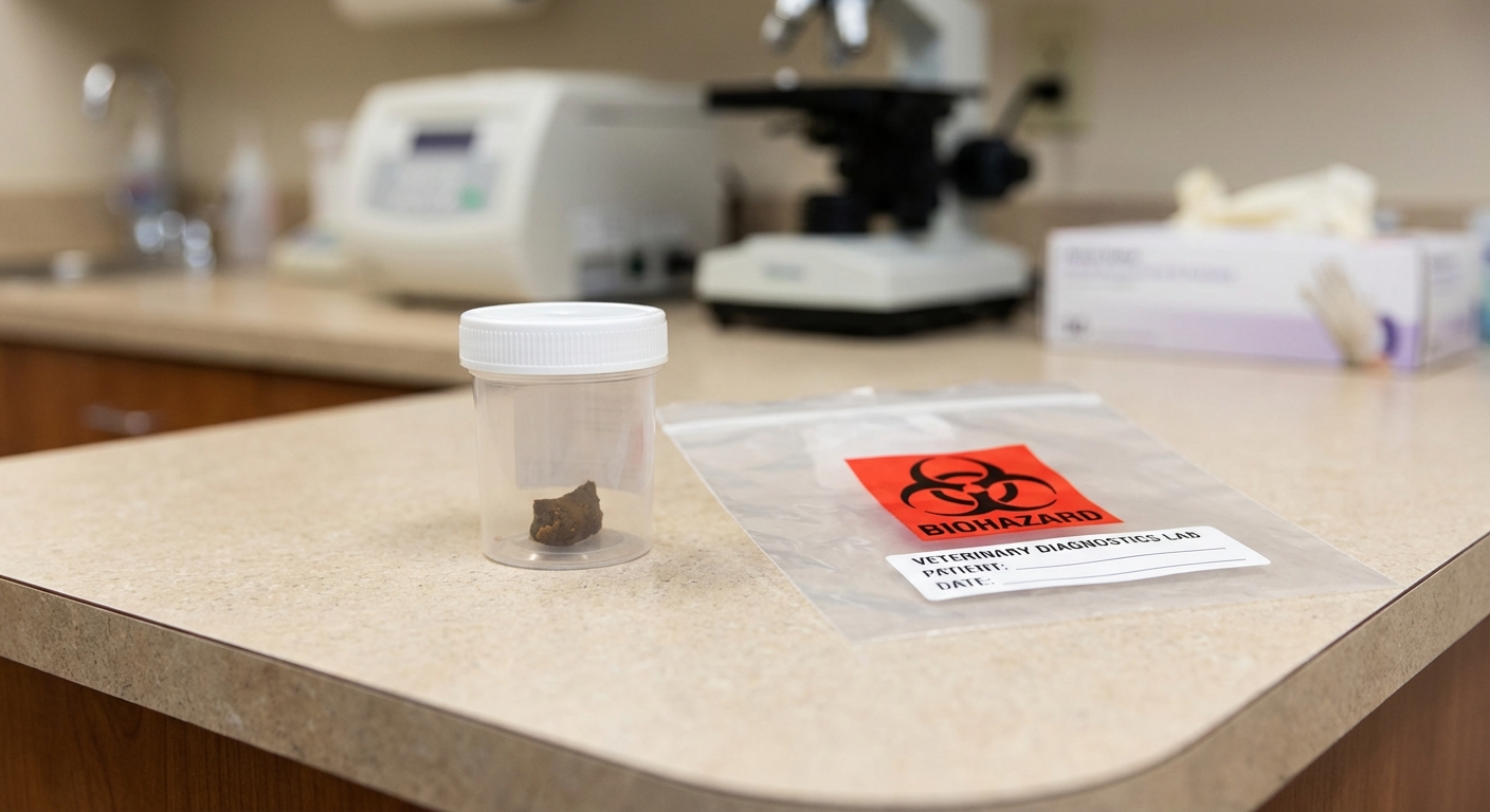 A close-up photograph of a fresh stool sample container and a labeled veterinary lab bag on a clinic counter