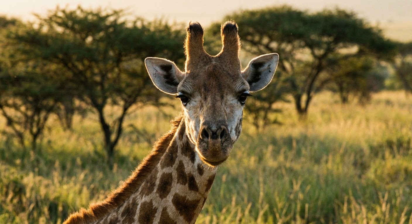 A close-up photograph of a giraffe looking toward the camera in a sunny savanna