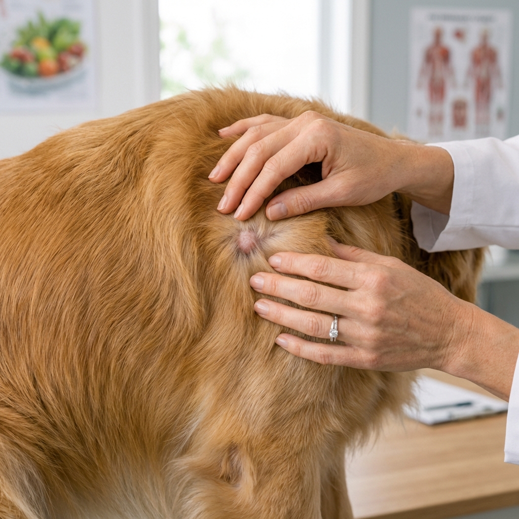 A close-up photograph of a hand gently parting a dog's fur to check a small lump on the side of the torso