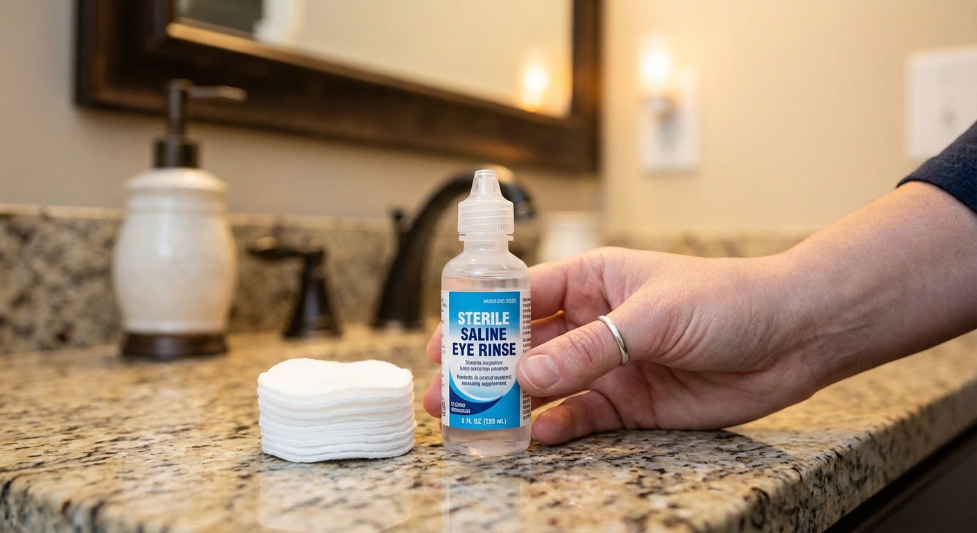 A close-up photograph of a hand holding sterile saline eye rinse next to clean cotton rounds on a bathroom counter