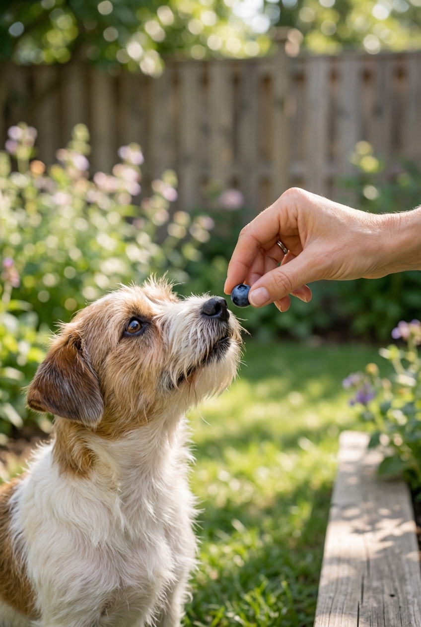 A close-up photograph of a hand offering a single blueberry to a small dog outdoors