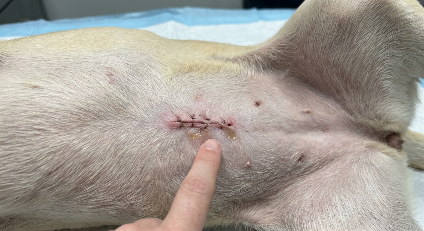 A close-up photograph of a healing dog spay incision on the abdomen with mild pinkness