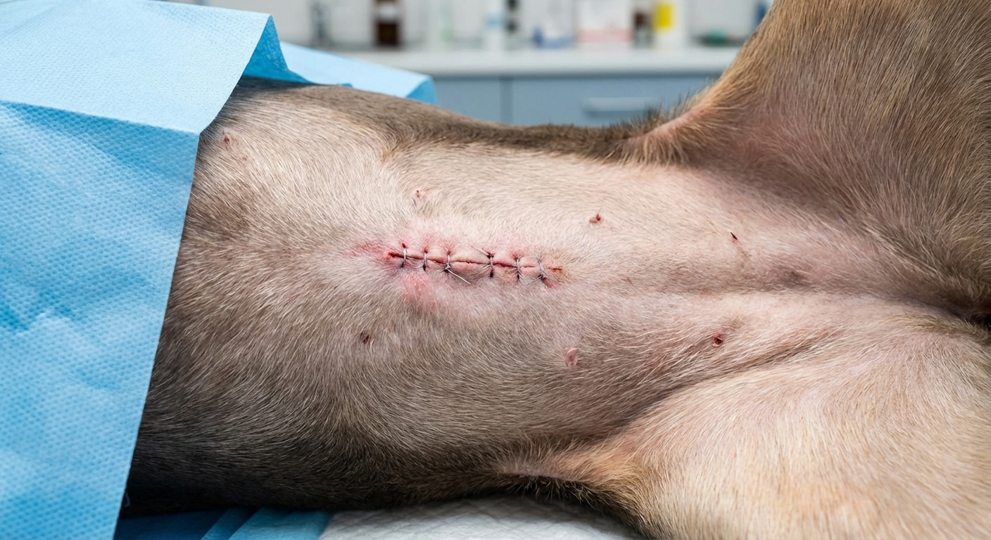 A close-up photograph of a healing spay incision on a dog with mild pinkness at the edges
