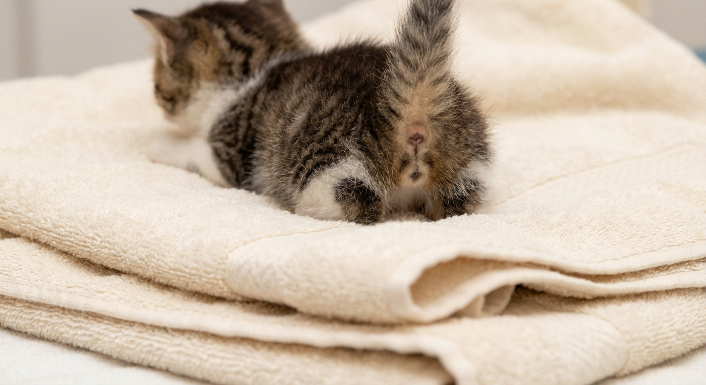 A close-up photograph of a kitten lying on a towel with its tail gently lifted, showing the two openings under the tail