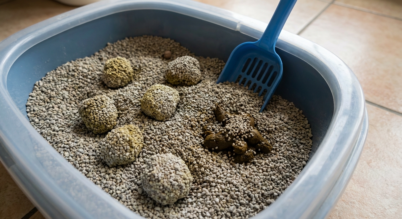 A close-up photograph of a kitten’s litter box with clumps of litter and a small amount of loose stool visible