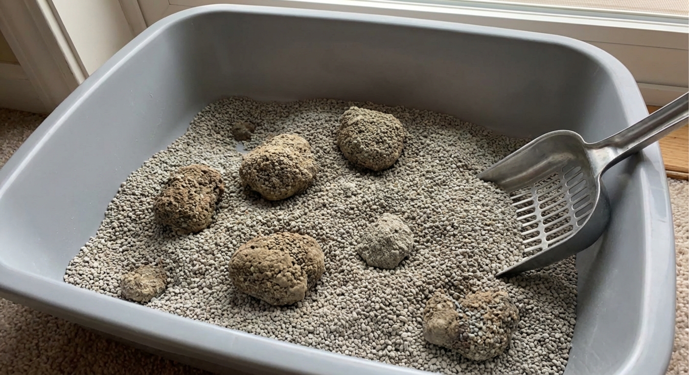 A close-up photograph of a litter box with unusually large urine clumps