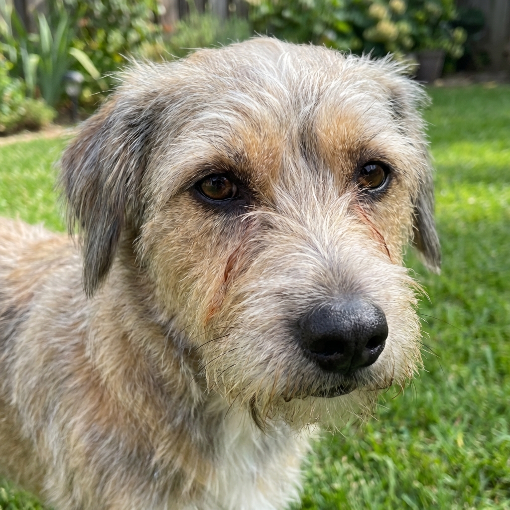 A close-up photograph of a medium-sized dog outdoors with mild tear staining near the inner corners of both eyes