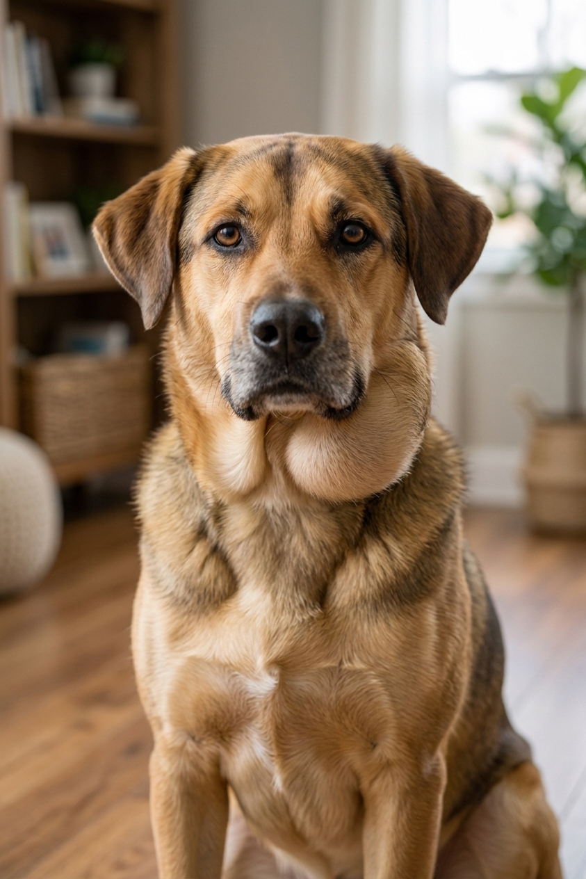 A close-up photograph of a mixed-breed dog sitting calmly with a noticeable swelling under one side of the jawline, natural indoor lighting