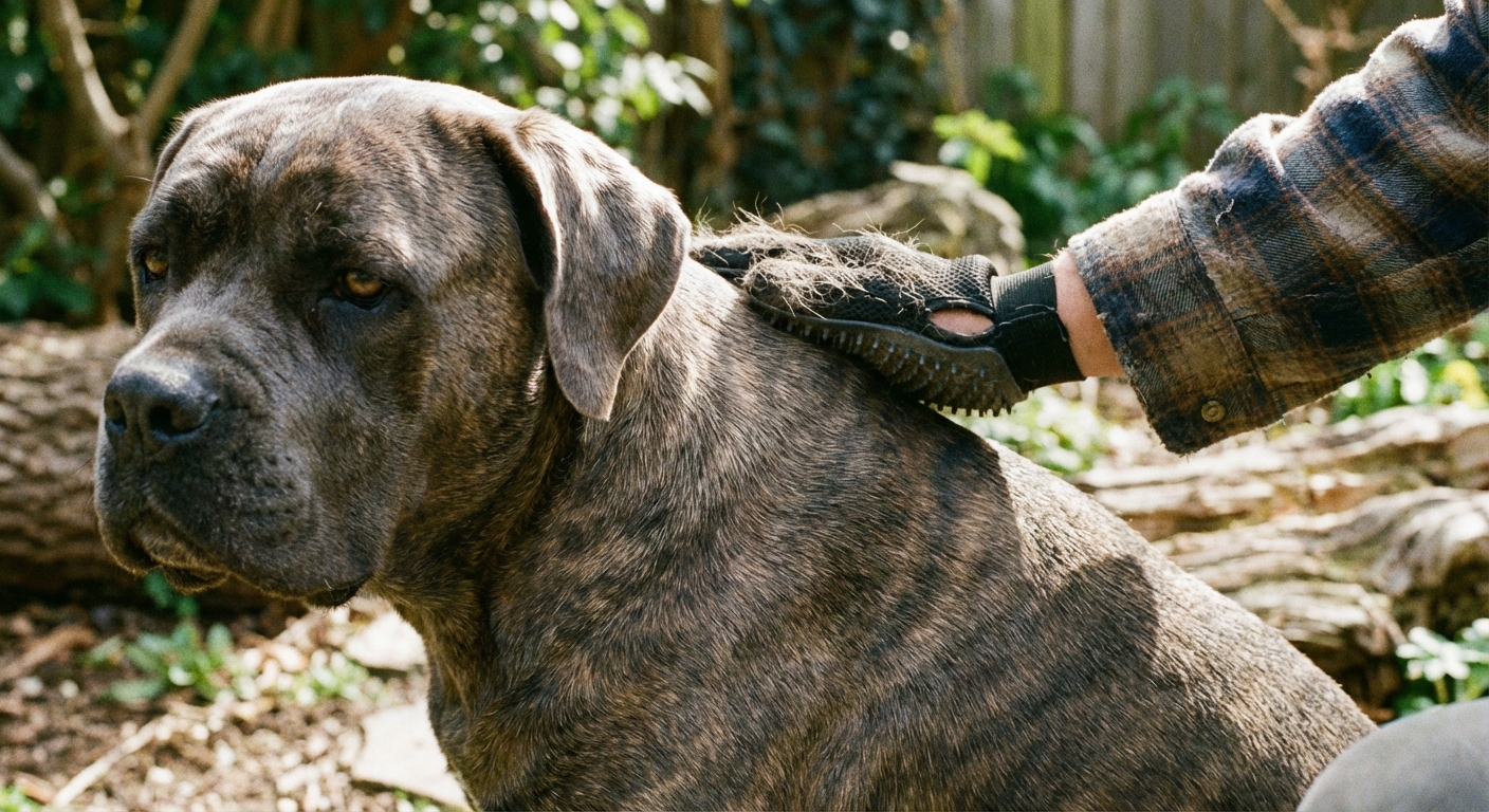 A close-up photograph of a person gently brushing a Cane Corso’s short coat outdoors with a rubber grooming mitt
