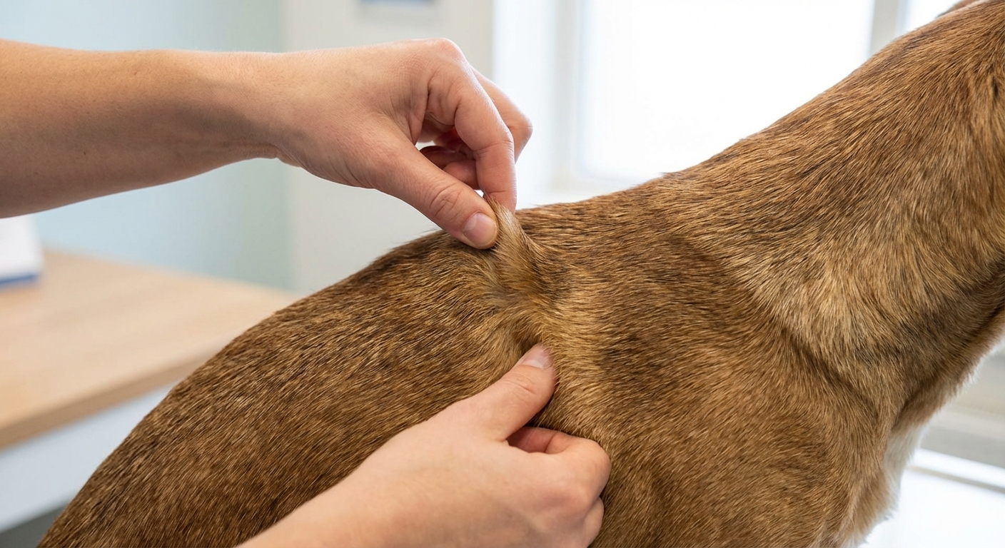 A close-up photograph of a person gently lifting the loose skin over a dog's shoulder blades to check skin elasticity