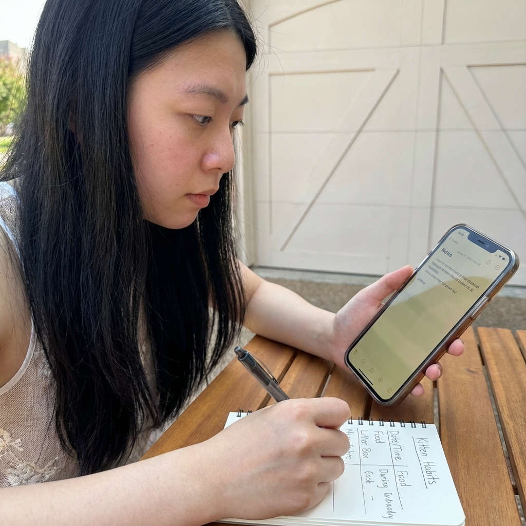 A close-up photograph of a person holding a smartphone while writing notes about a kitten’s feeding and litter box habits