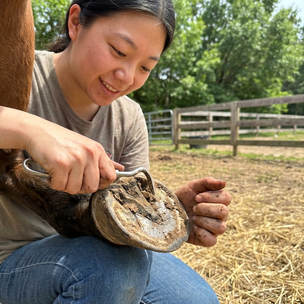 A close-up photograph of a person using a hoof pick to clean a horse hoof outdoors
