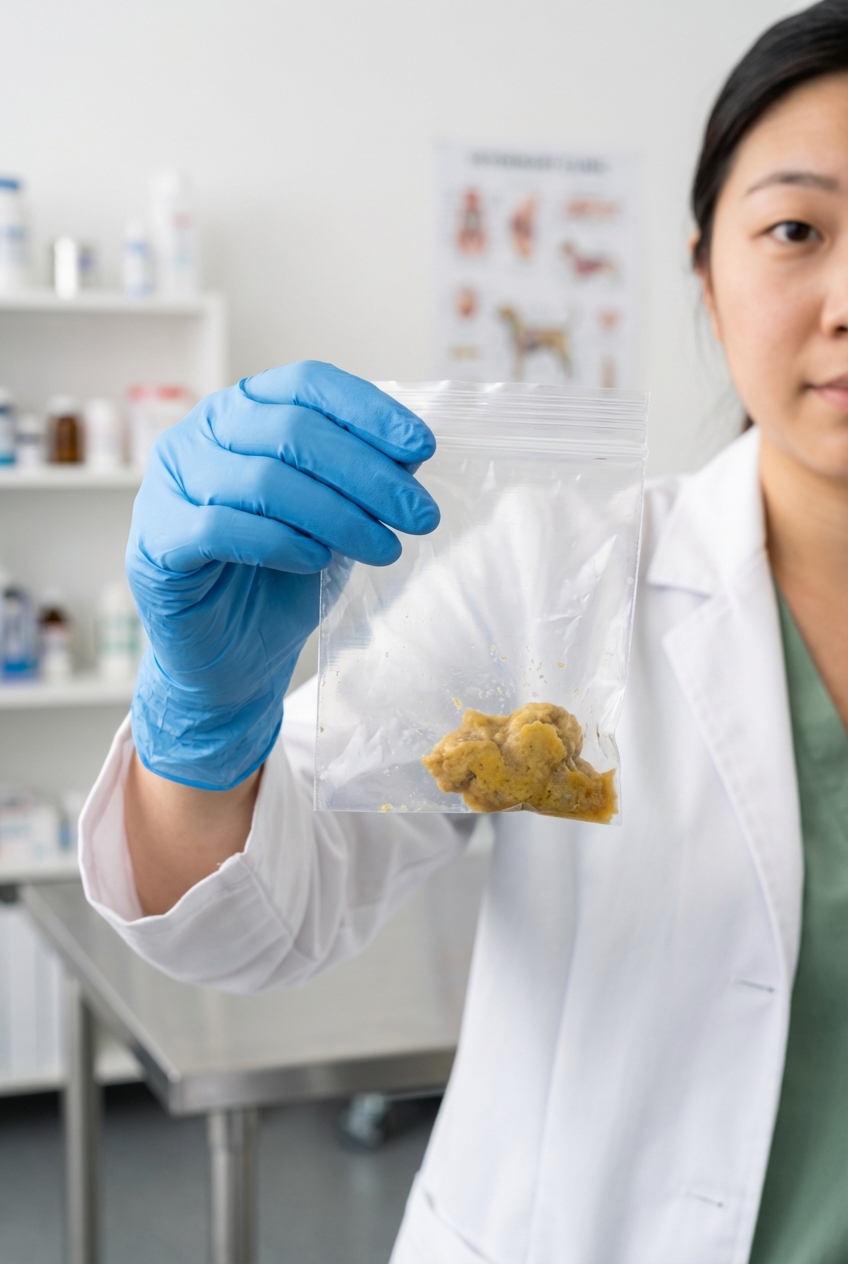 A close-up photograph of a person wearing disposable gloves holding a sealed plastic bag with a small sample of dog vomit for a veterinary visit