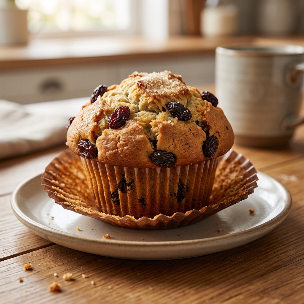 A close-up photograph of a raisin muffin on a plate on a kitchen table