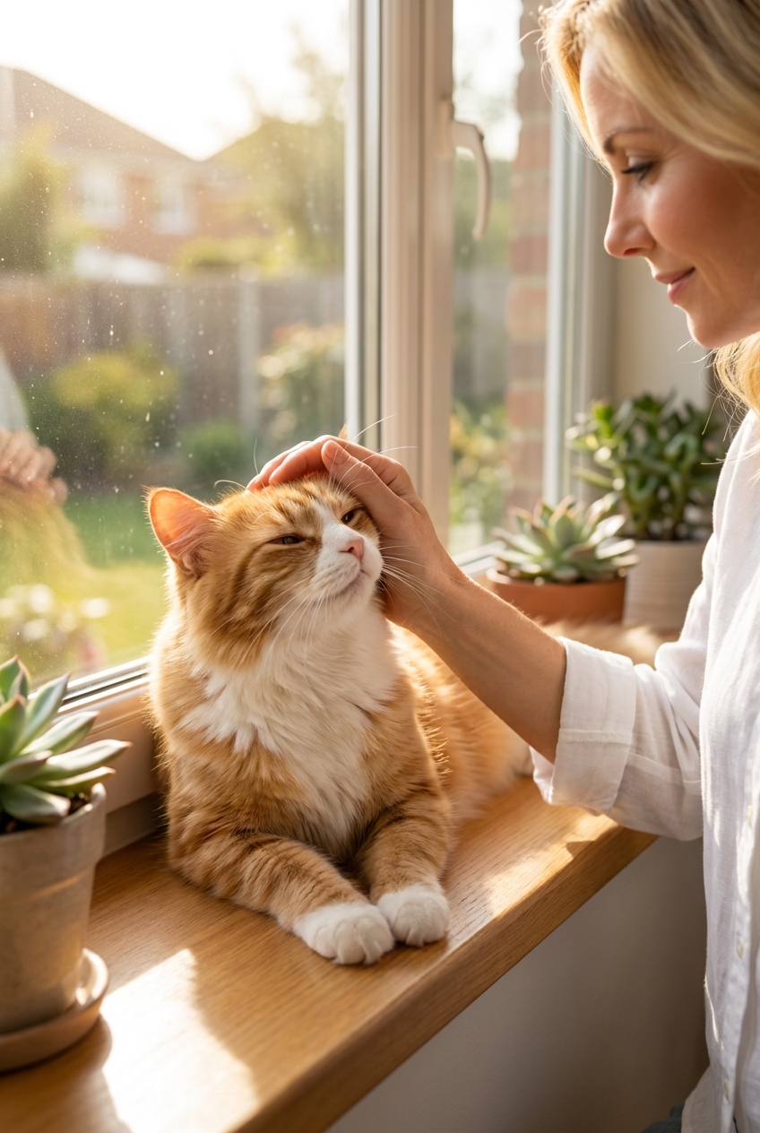 A close-up photograph of a relaxed indoor cat sitting on a sunny windowsill while a person gently pets its head