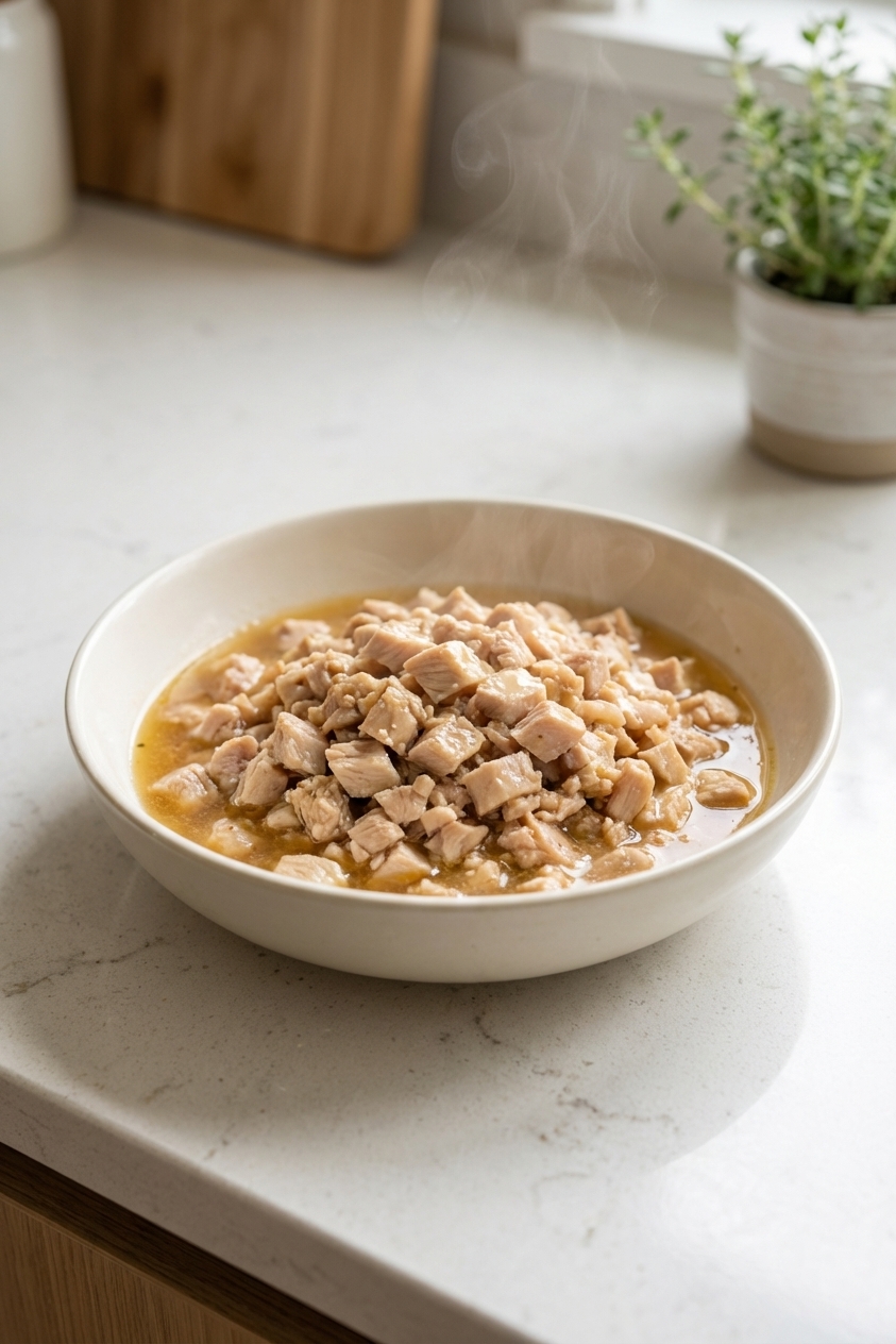 A close-up photograph of a shallow bowl filled with moist homemade cat food made from finely chopped cooked poultry mixed with warm broth, sitting on a clean kitchen counter, photorealistic