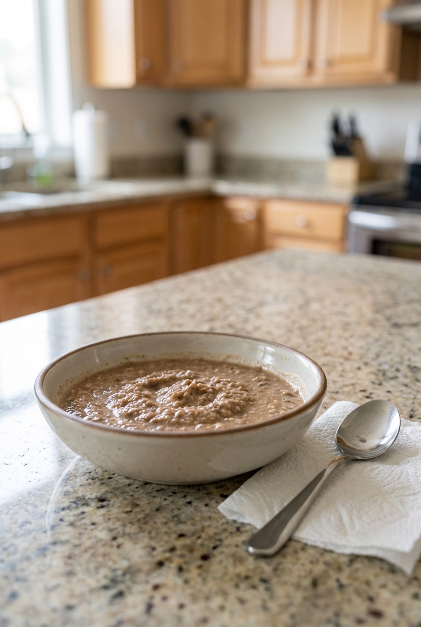 A close-up photograph of a shallow bowl of softened puppy food gruel on a kitchen counter with a spoon beside it