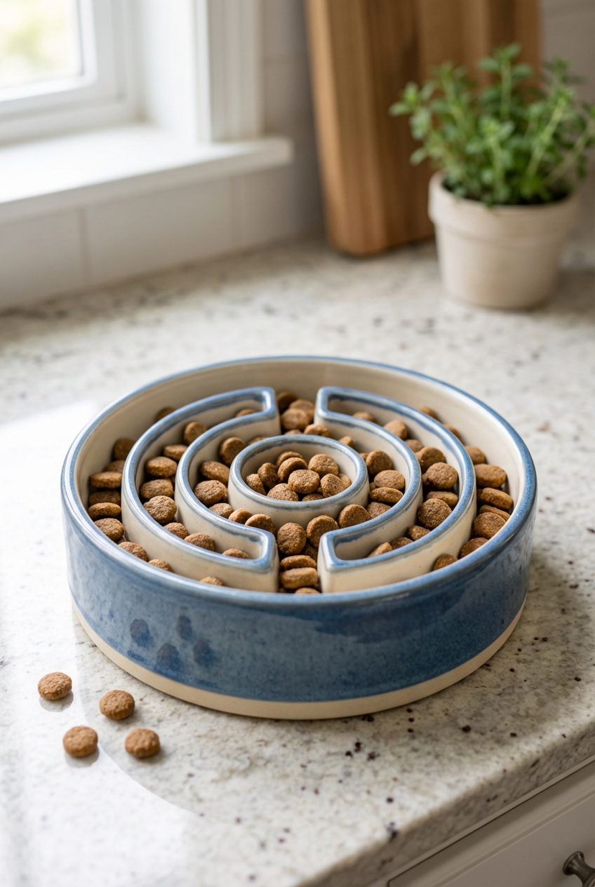 A close-up photograph of a slow feeder dog bowl on a kitchen counter with kibble inside