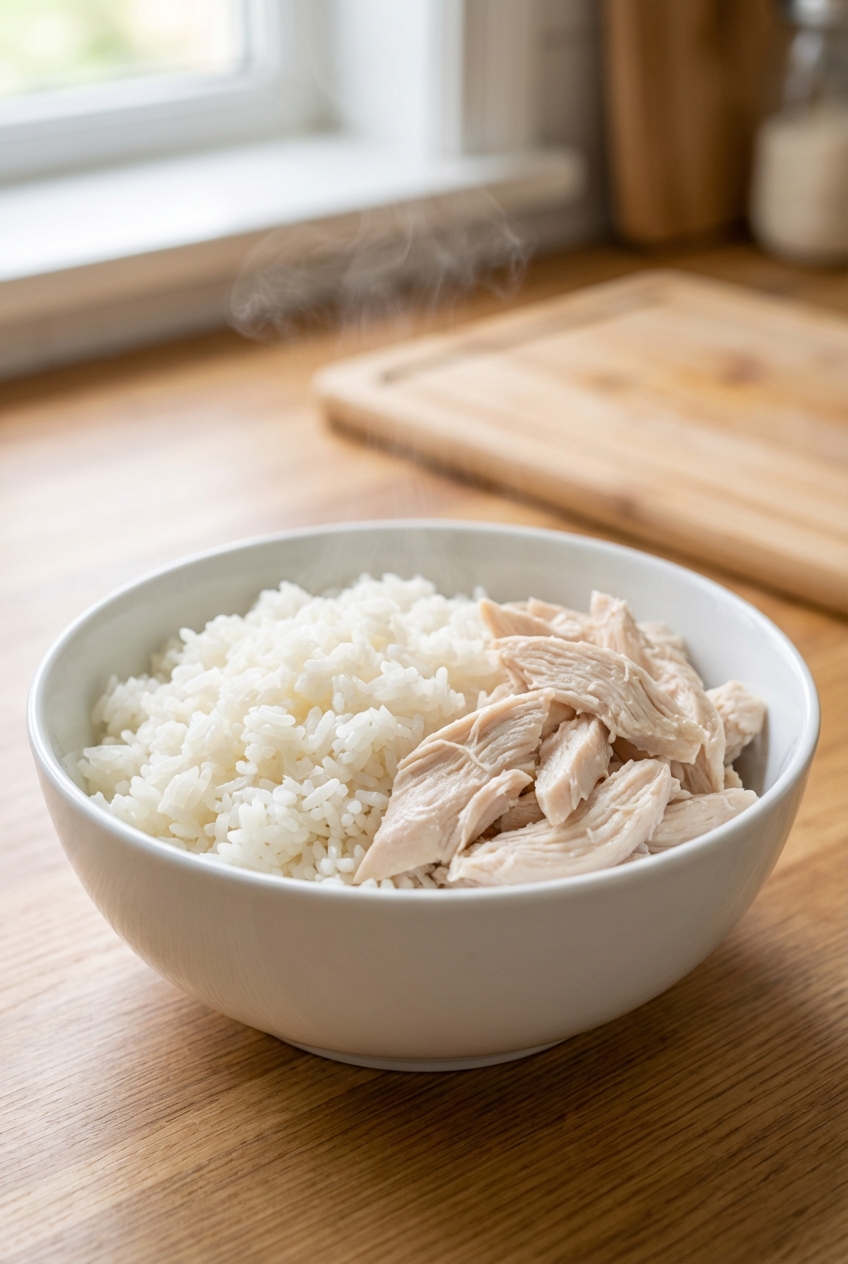 A close-up photograph of a small bowl with plain boiled chicken and white rice on a kitchen counter