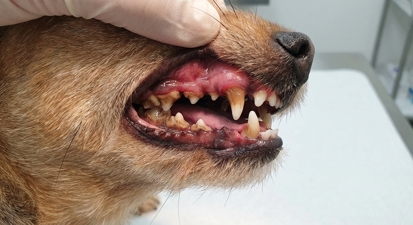 A close-up photograph of a small dog’s mouth with visible brown tartar on the back teeth and reddened gumline, natural lighting, veterinary clinical detail