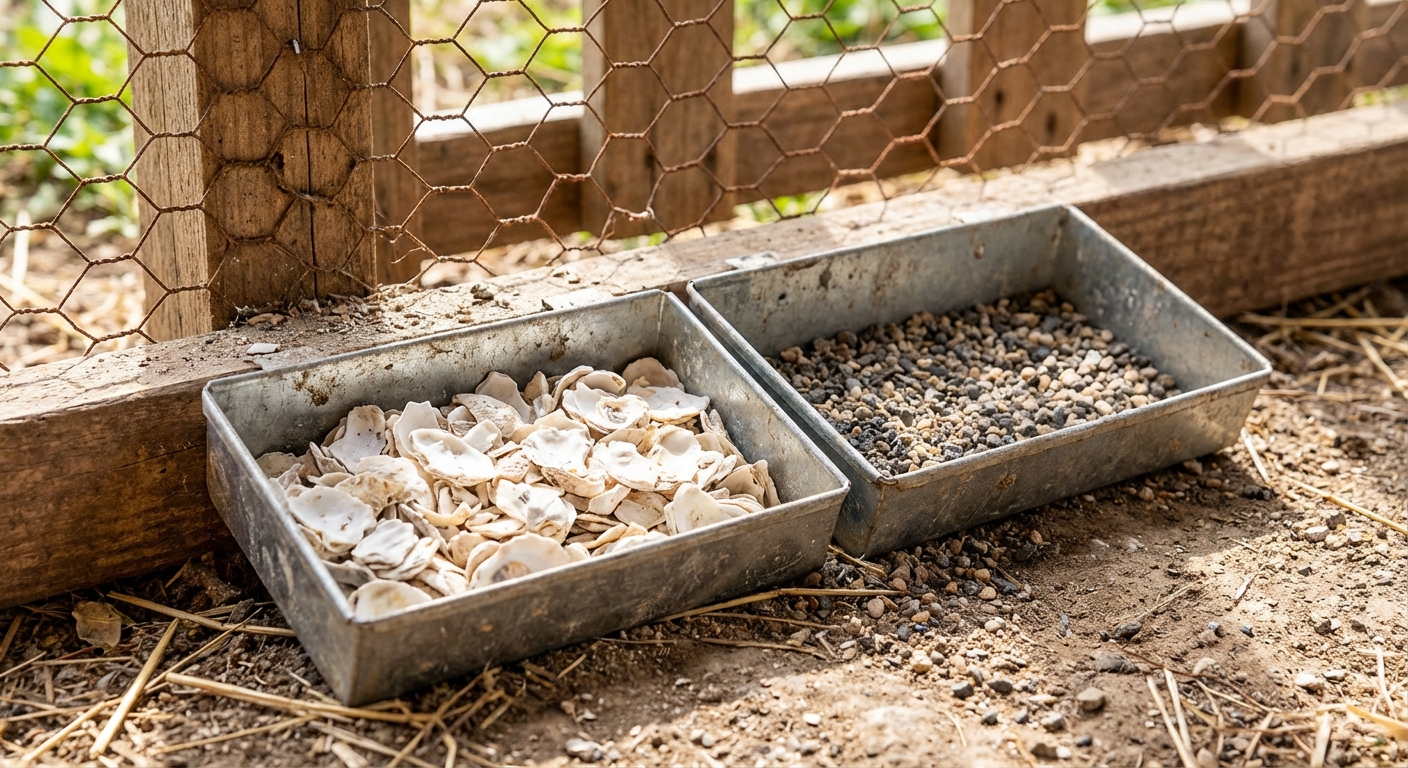 A close-up photograph of a small feeder tray with crushed oyster shell and a separate tray with grit beside a chicken run fence