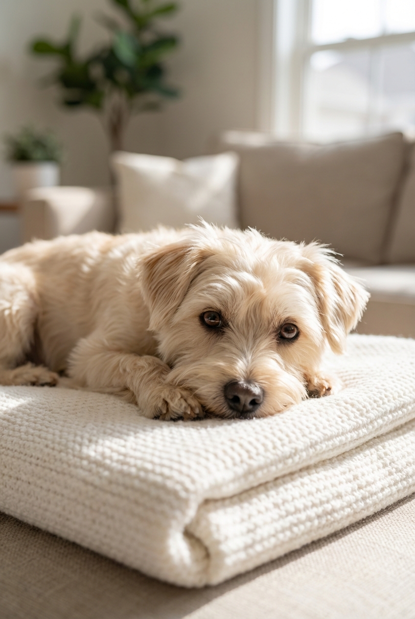 A close-up photograph of a small female dog resting on a clean blanket in a living room