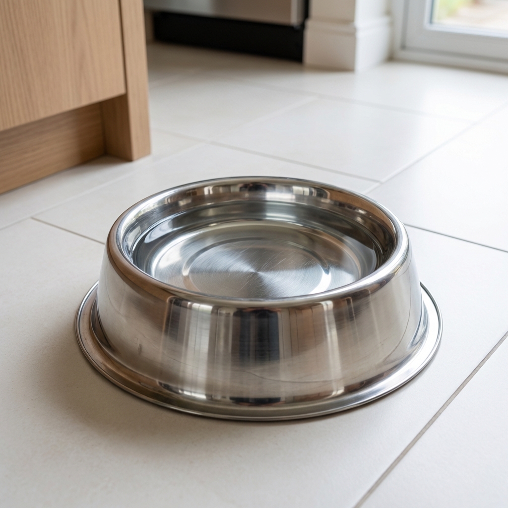 A close-up photograph of a stainless steel dog bowl filled with clear water on a clean kitchen floor