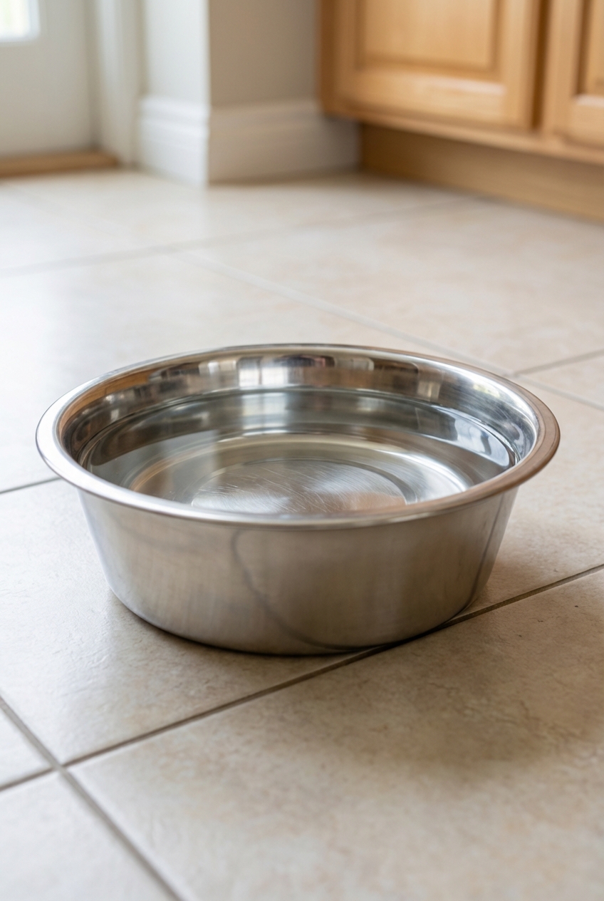 A close-up photograph of a stainless steel dog bowl filled with fresh water on a kitchen floor