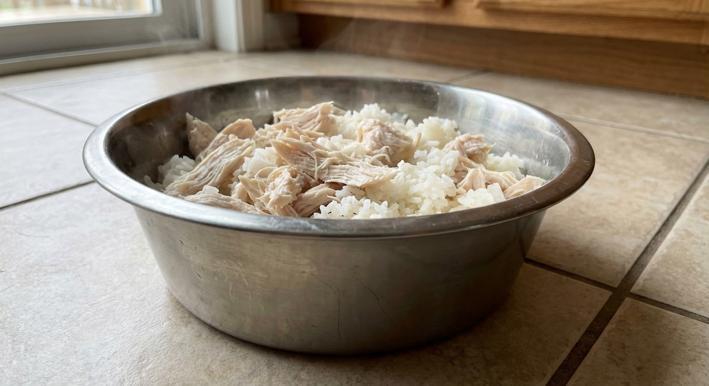 A close-up photograph of a stainless steel dog bowl with plain boiled chicken and white rice on a kitchen floor