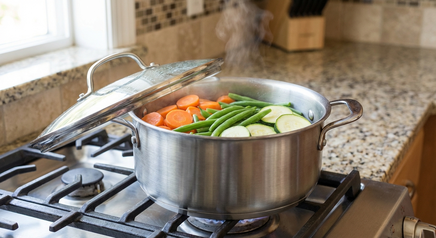 A close-up photograph of a stainless-steel pot with steamed carrots, green beans, and zucchini on a kitchen stovetop