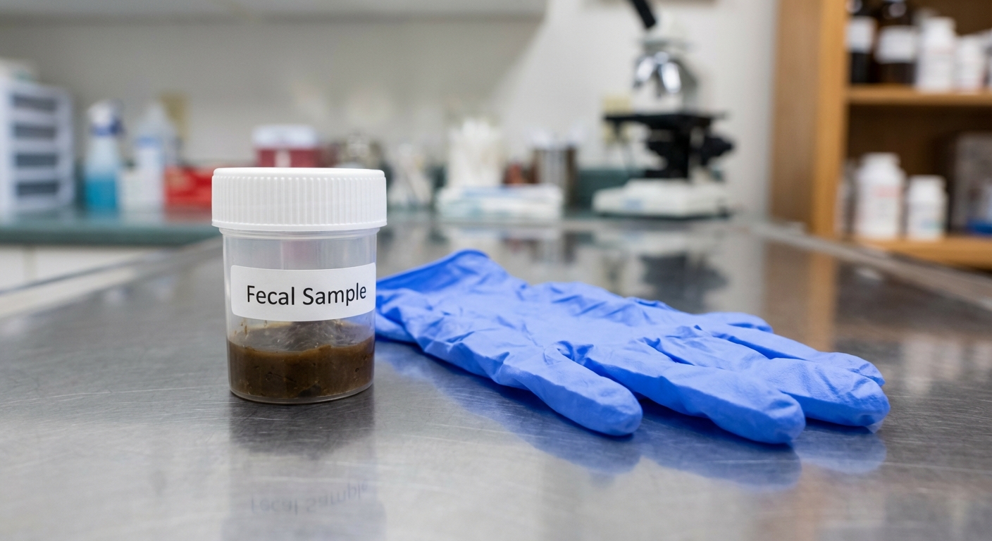 A close-up photograph of a stool sample container on a veterinary counter next to disposable gloves