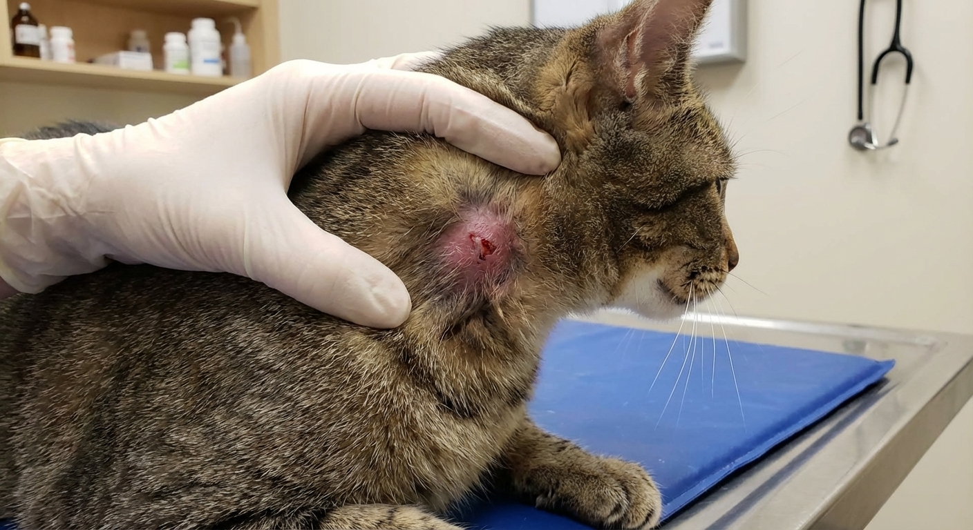A close-up photograph of a tabby cat's neck with fur parted showing a swollen, reddened area consistent with an abscess, taken in a veterinary exam room