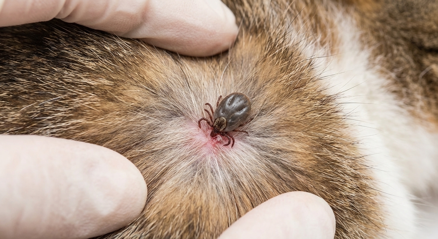 A close-up photograph of a tick attached to a cat's skin with the surrounding fur parted