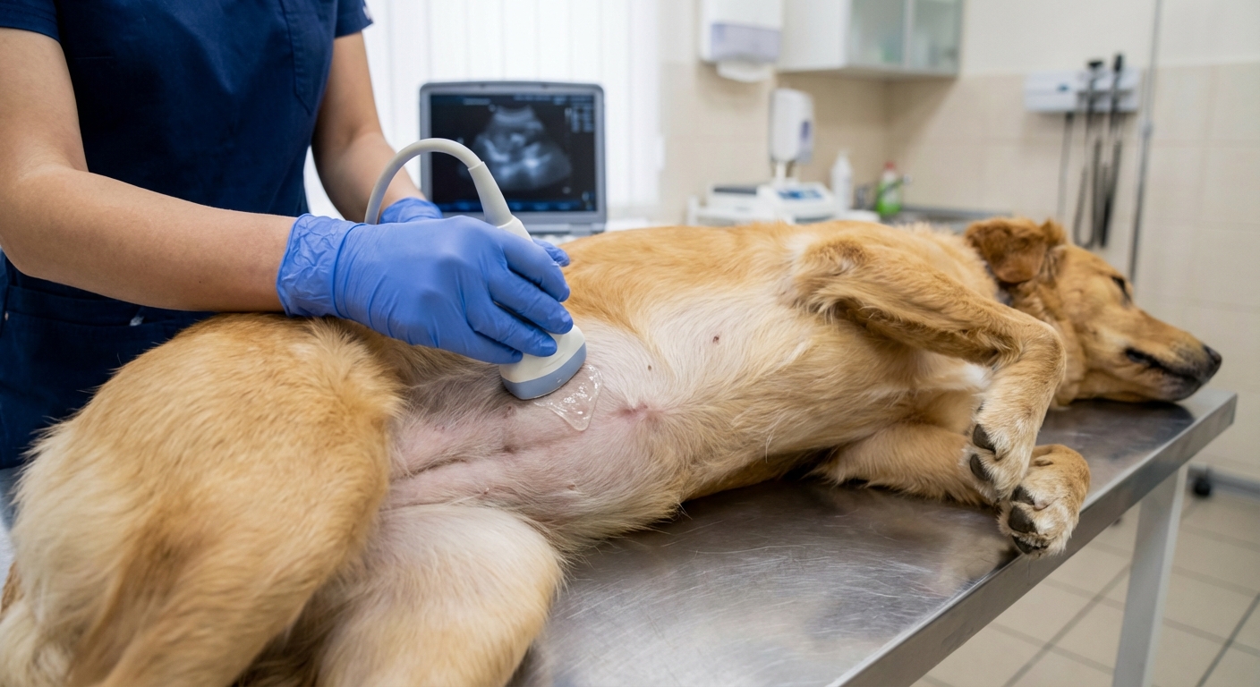 A close-up photograph of a veterinarian holding an ultrasound probe on a dog’s shaved abdomen in a clinic