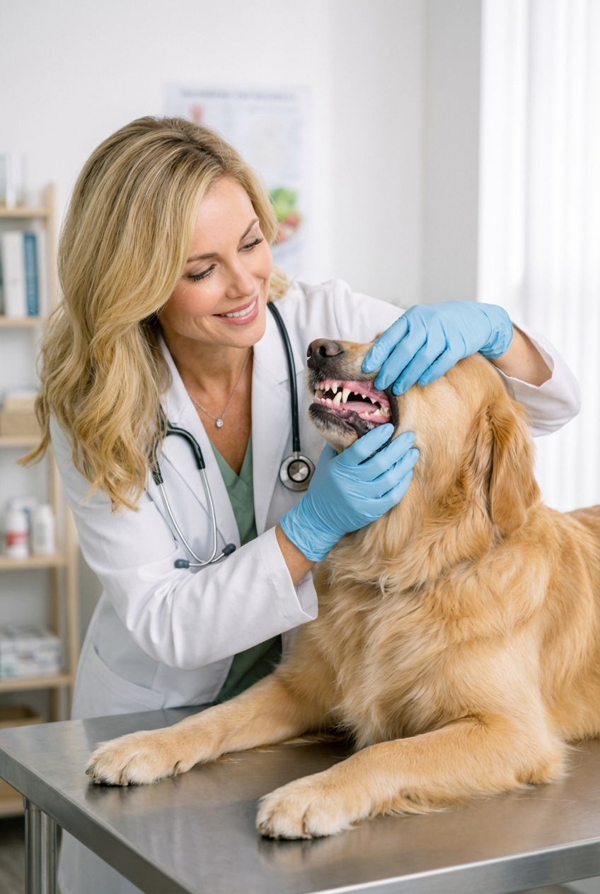 A close-up photograph of a veterinarian lifting a dog's lip to inspect the gums and teeth in a clinic