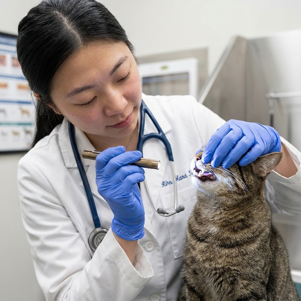 A close-up photograph of a veterinarian wearing gloves gently examining a cat’s mouth with a small light