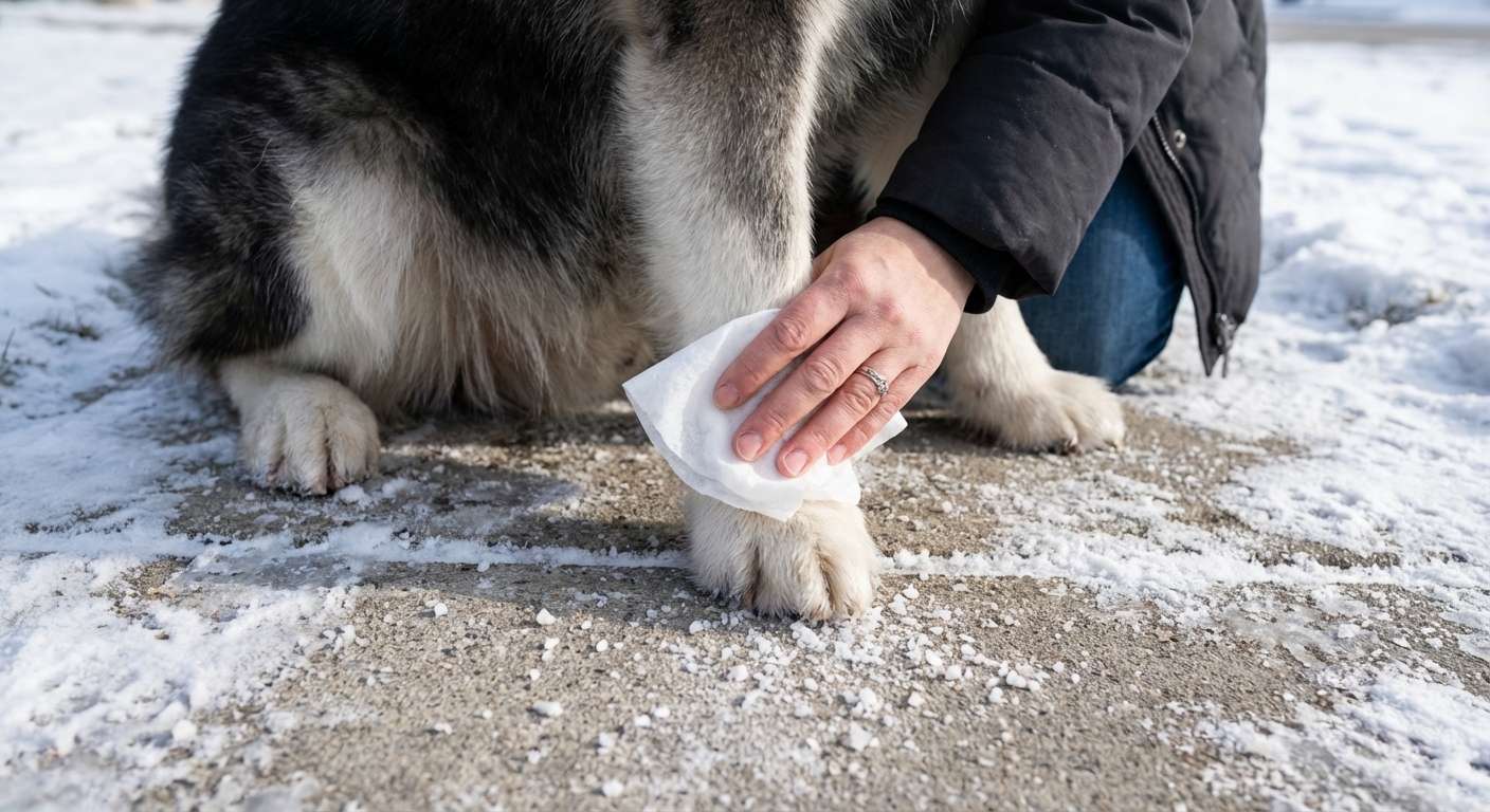 A close-up photograph of an Alaskan Malamute’s paws on a winter sidewalk with light salt residue nearby, owner hand holding a paw wipe
