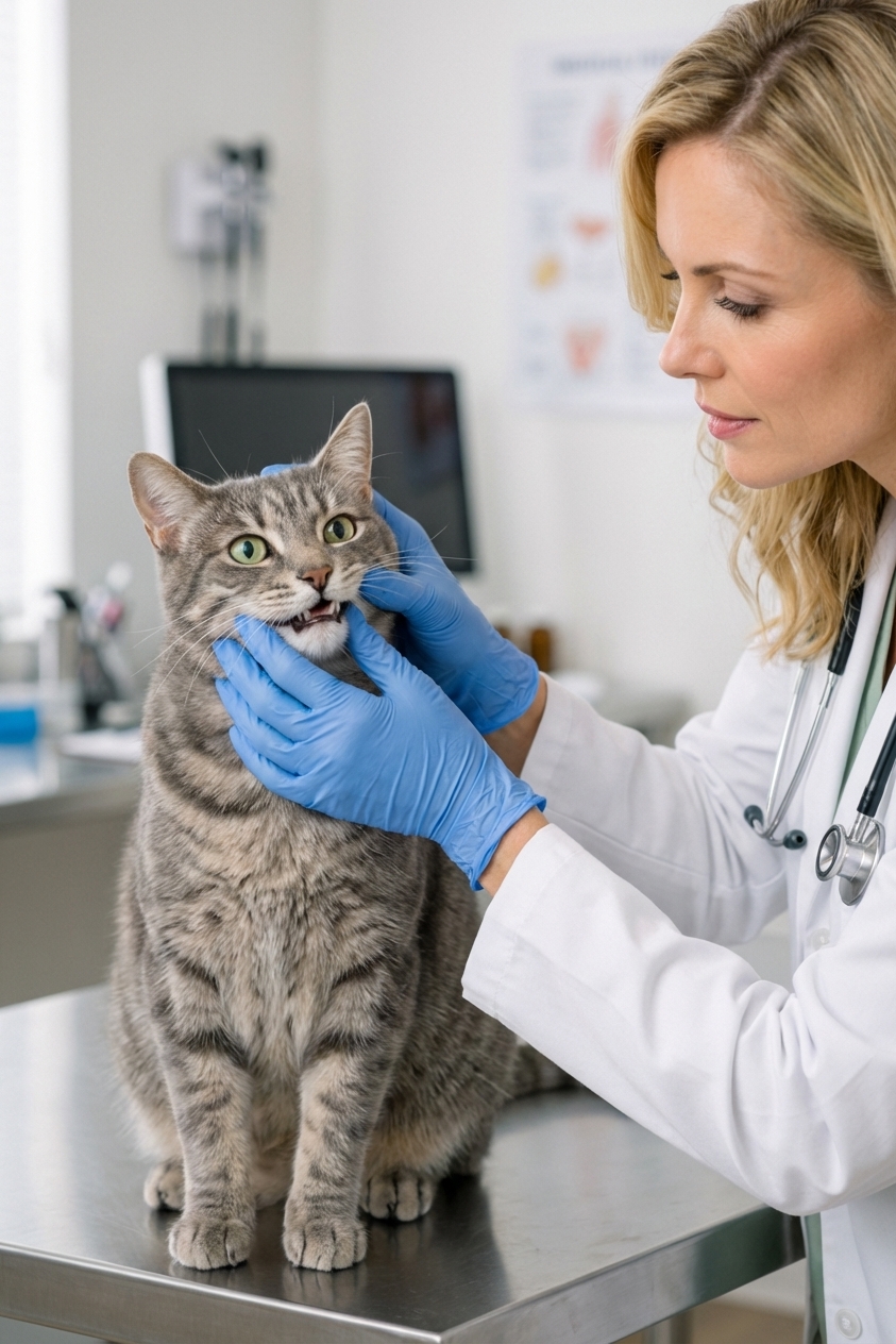 A close-up photograph of an adult cat sitting calmly while a veterinarian gently examines the cat's mouth with gloved hands