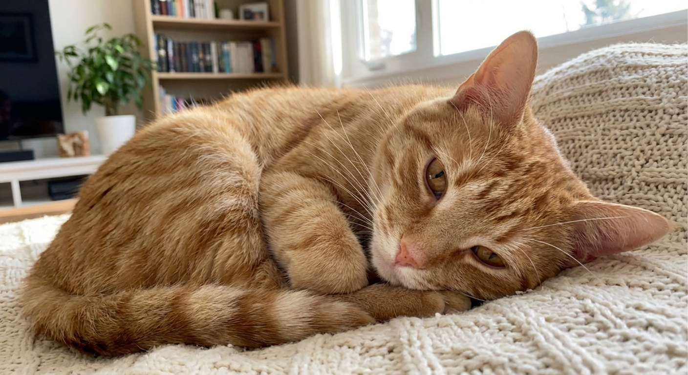 A close-up photograph of an orange tabby cat resting calmly on a soft blanket at home