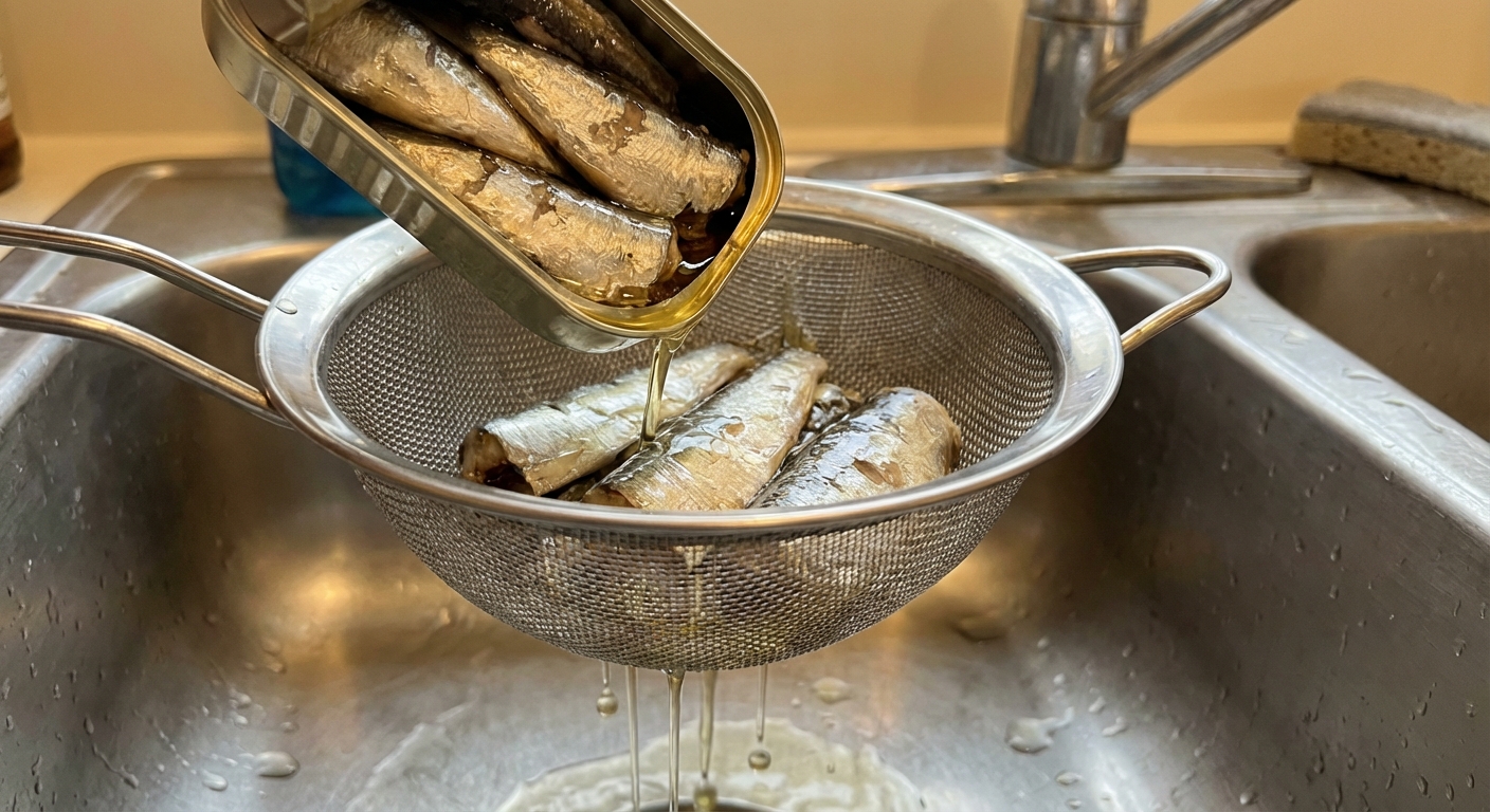 A close-up photograph of canned sardines in water being drained in a kitchen sink strainer