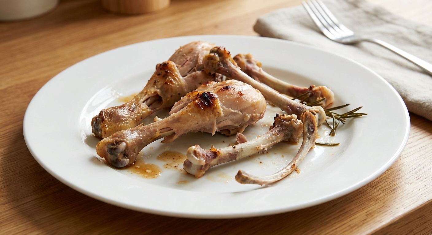 A close-up photograph of cooked chicken bones on a kitchen plate
